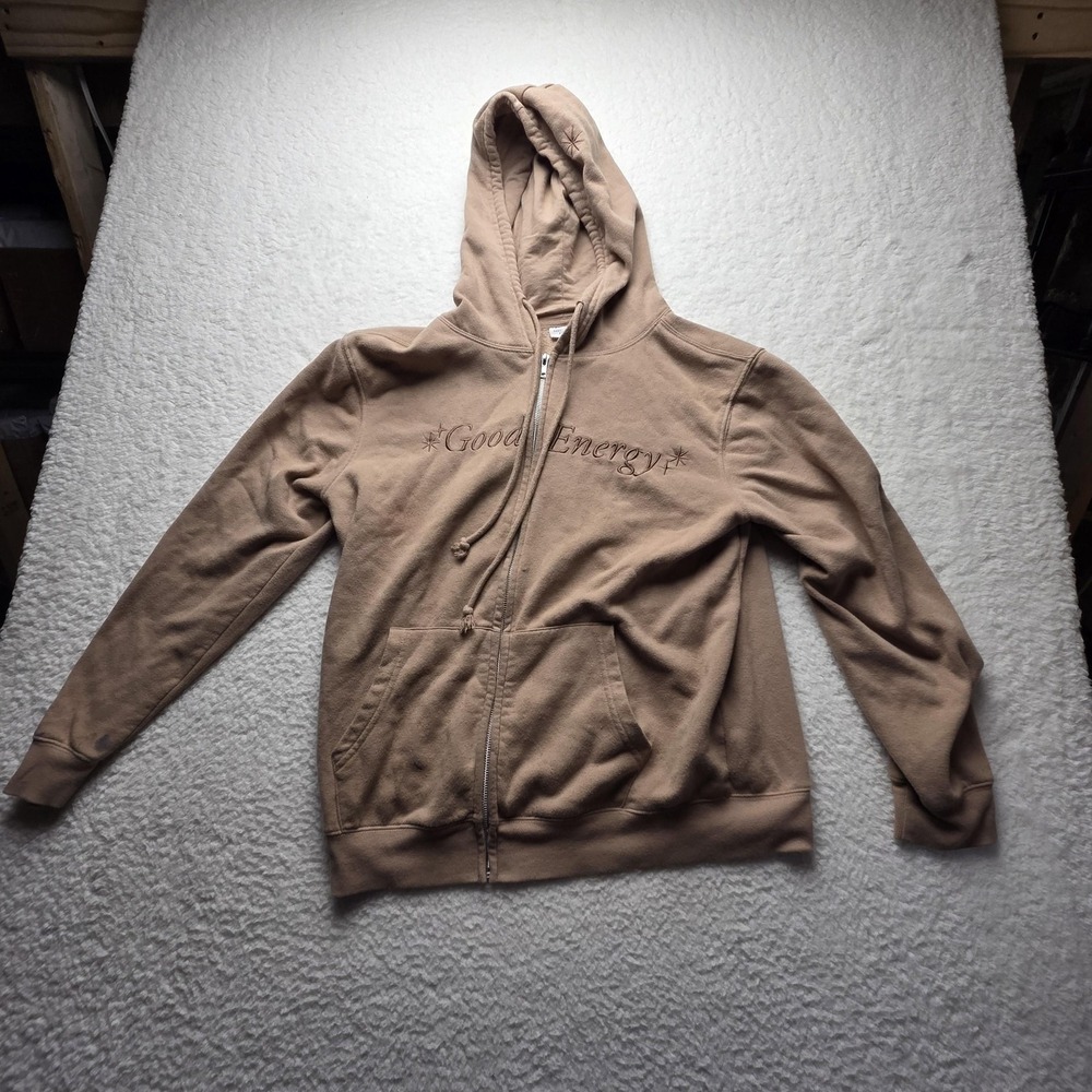 Mighty Fine Hoodie Mens Large Beige Full Zip Fleece Good Energy Quote Graphic